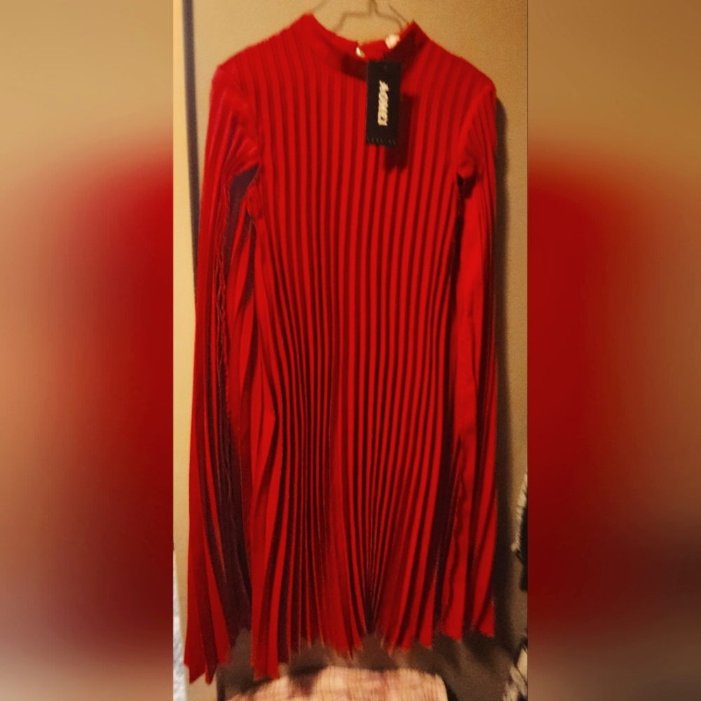 Red pleated cape dress NWT